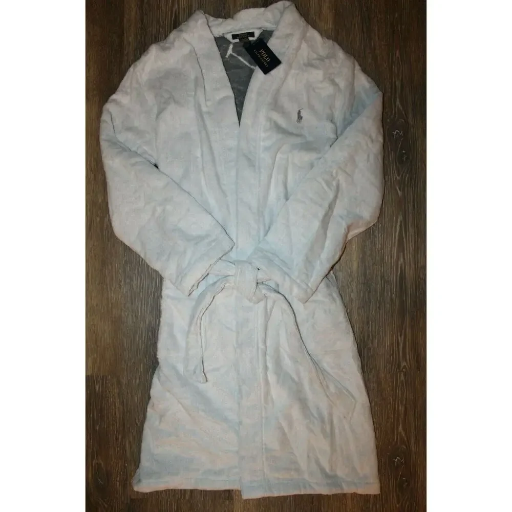 NWT RALPH LAUREN Large Polo Pony Plush Velour Bath Robe White‎ Gray $150